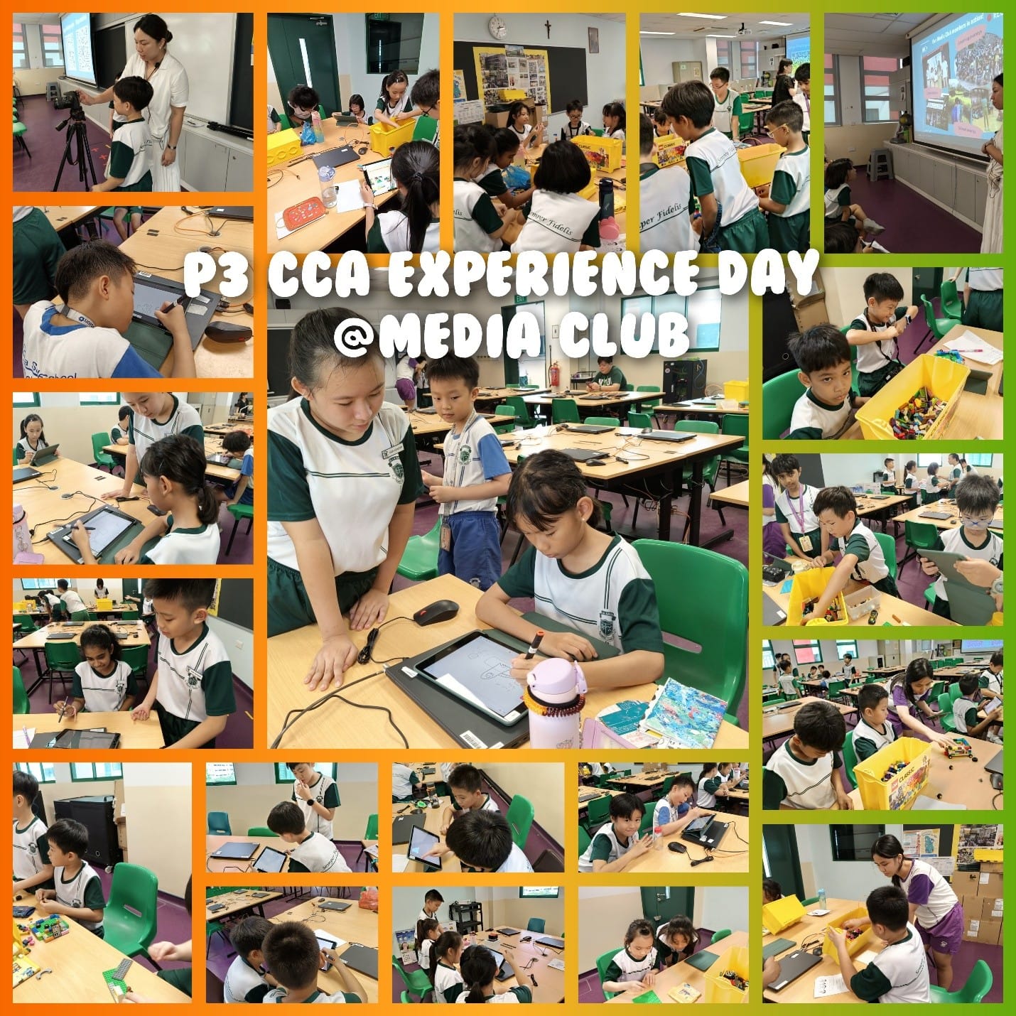 A photo collage of Primary 3 students trying out Media Club activities during CCA Experience Day, including digital drawing on tablets, exploring media equipment, and hands-on activities guided by senior Media Club members and teachers